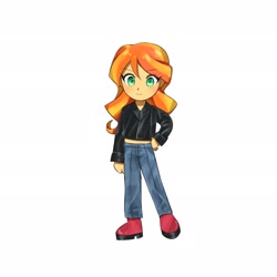 Size: 2048x2048 | Tagged: safe, artist:dusknebula, sunset shimmer, human, equestria girls, g4, alternate hair color, clothes, denim, eye clipping through hair, eyebrows, eyebrows visible through hair, female, hand on hip, jeans, orange hair, pants, simple background, solo, white background