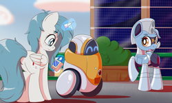 Size: 2496x1500 | Tagged: safe, artist:trackheadtherobopony, oc, oc:nara (fl), oc:silverstream (robot pony), alicorn, pony, robot, robot pony, forza horizon, magic, remote, telekinesis