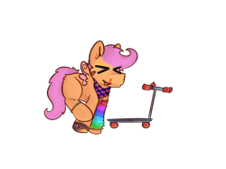 Size: 2732x2048 | Tagged: safe, artist:felixmcfurry, scootaloo, pegasus, pony, g4, bandaid, bandaid on cheek, bandana, bell, blank flank, blood, clothes, digital art, ear piercing, eyes closed, female, filly, foal, gloves, neckerchief, nosebleed, orange fur, piercing, scooter, shading, simple background, sleeve, small wings, solo, sticker, tongue out, transparent background, wheel, wings