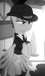 Size: 523x888 | Tagged: safe, screencap, rainbow dash, pegasus, pony, g4, season 9, sparkle's seven, bowler hat, cropped, female, grayscale, hat, investigator dash, mare, monochrome, rainbow dash always dresses in style, solo