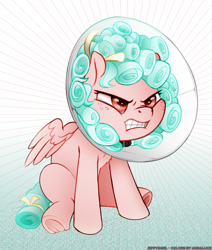 Size: 1410x1665 | Tagged: safe, alternate version, artist:andaluce, artist:zippysqrl, color edit, derpibooru exclusive, edit, cozy glow, pegasus, pony, g4, angry, colored, elizabethan collar, female, filly, foal, frog (hoof), gradient background, grayscale, hoofbutt, monochrome, sitting, solo, underhoof