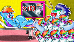 Size: 686x386 | Tagged: safe, artist:annie channel, rainbow dash, soarin', oc, pegasus, pony, g4, baby, bed, bucktooth, female, hospital, hospital bed, male, missing cutie mark, monitor, offspring, panic, parent:rainbow dash, parent:soarin', parents:soarindash, pregnant, screaming, ship:soarindash, shipping, straight, sweat, sweatdrop, this is why we can't have nice things, tongue out, weird source, weird youtube kids video, why, wtf, youtube link, youtube thumbnail, youtube video