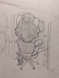 Size: 3072x4080 | Tagged: safe, artist:craftycirclepony, oc, oc only, oc:filly anon, earth pony, mouse, back of head, chair, computer, cubicle, female, filly, foal, grayscale, keyboard, monitor, monochrome, office, office chair, pencil drawing, sitting, solo, traditional art, trash can