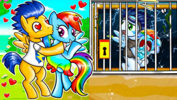 Size: 686x386 | Tagged: safe, artist:annie channel, flash sentry, rainbow dash, soarin', oc, pegasus, pony, g4, baby, clothes, cringing, crying, dress, female, flashdash, goggles, goggles on head, heart, heart eyes, jail, kissing, lock, male, offspring, outdoors, parent:rainbow dash, parent:soarin', parents:soarindash, rags, sad, shipping, shirt, smiling, straight, weird youtube kids video, wingding eyes, wings, youtube link, youtube thumbnail, youtube video