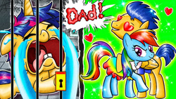 Size: 686x386 | Tagged: safe, artist:annie channel, flash sentry, rainbow dash, oc, pegasus, pony, unicorn, g4, baby, bars, clothes, crying, dialogue, dress, evil smile, female, flashdash, gums, heart, heart eyes, horn, jail, jail cell, lock, male, offspring, parent:flash sentry, parent:twilight sparkle, parents:flashlight, prison, sad, shipping, short tail, smiling, sobbing, straight, tail, trio, unicorn oc, weird youtube kids video, wingding eyes