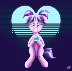 Size: 2000x1980 | Tagged: safe, artist:jphyperx, starlight glimmer, pony, unicorn, g4, crying, female, filly, filly starlight glimmer, foal, heart, horn, implied shipping, implied starburst, implied straight, photo, retrowave, sitting, start of darkness, tears of sadness, younger