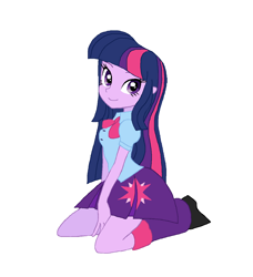 Size: 1288x1412 | Tagged: safe, artist:cheesesauce_45, part of a set, twilight sparkle, equestria girls, g4, boots, bow, clothes, colored lineart, cutie mark on clothes, cutie mark on skirt, eyelashes, female, kneeling, leg warmers, long hair, looking back, neck bow, old art, pixel-crisp art, puffy sleeves, purple eyes, purple skin, shirt, shoes, simple background, skirt, smiling, solo, straight hair, three quarter view, three toned hair, white background