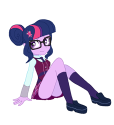 Size: 1288x1412 | Tagged: safe, artist:cheesesauce_45, part of a set, sci-twi, twilight sparkle, equestria girls, g4, my little pony equestria girls: friendship games, bangs, clothes, crystal prep academy uniform, cutie mark accessory, cutie mark hair accessory, dress shoes, female, glasses, hair accessory, hair bun, kneesocks, looking away, necktie, old art, pixel-crisp art, plaid skirt, purple eyes, purple skin, school tie, school uniform, schoolgirl, schrödinger's pantsu, shirt, shoes, simple background, sitting, skirt, socks, solo, thighs, three quarter view, three toned hair, tied hair, white background