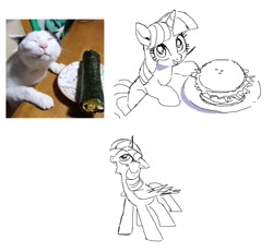 Size: 1473x1361 | Tagged: safe, artist:cheesesauce_45, part of a set, twilight sparkle, alicorn, pony, unicorn, g4, bangs, big eyes, burger, cute, duality, eyelashes, female, floppy ears, folded wings, food, hay burger, hooves on the table, looking at you, looking up, mare, missing cutie mark, monochrome, old art, open mouth, open smile, profile, redraw, simple background, sitting, smiling, smiling at you, sparkly eyes, standing, that pony sure does love burgers, three quarter view, twiabetes, twilight burgkle, twilight cat, twilight sparkle (alicorn), unicorn twilight, white background, wingding eyes, wings