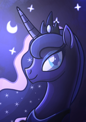 Size: 1756x2500 | Tagged: safe, artist:usuotukasjuodukas, princess luna, alicorn, pony, g4, bust, crescent moon, crown, ethereal mane, female, jewelry, mare, moon, night, portrait, regalia, smiling, solo, stars