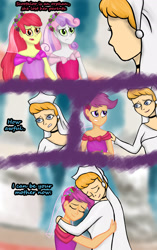 Size: 1280x2040 | Tagged: safe, artist:deannaphantom13, apple bloom, scootaloo, sweetie belle, human, equestria girls, g4, adopted, adopted daughter, adopted offspring, alternate universe, bride, choker, cinderella, clothes, comforting, comic, commission, crossover, cutie mark crusaders, daaaaaaaaaaaw, dress, eyes closed, female, floral head wreath, flower, flower girl, flower girl dress, frown, gown, gritted teeth, hand on shoulder, headcanon in the description, heartwarming, hug, marriage, mother and child, mother and daughter, open mouth, orphan, sad, scootadoption, scootalove, smiling, story included, teeth, veil, wedding, wedding dress, wedding veil, wholesome