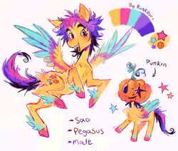 Size: 1030x874 | Tagged: safe, artist:lutraviolet, oc, oc only, oc:starburst, pegasus, pony, colored wings, male, multicolored wings, pumpkin, solo, stallion, wings