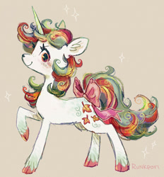 Size: 731x788 | Tagged: safe, artist:lutraviolet, gusty, pony, unicorn, g1, g4, alternate design, bow, ear fluff, g1 to g4, generation leap, looking at you, raised hoof, redesign, simple background, smiling, solo, tail, tail bow