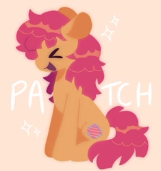 Size: 1009x1073 | Tagged: safe, artist:mlpnightcreluvr, patch (g1), earth pony, pony, g1, ><, colored pinnae, eyes closed, floppy ears, lineless, long mane, long tail, open mouth, open smile, orange background, orange coat, red mane, red tail, shiny mane, shiny tail, simple background, sitting, smiling, solo, sparkles, tail, text, white text