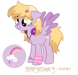 Size: 1009x977 | Tagged: safe, artist:mlpnightcreluvr, derpy hooves, dinky hooves, oc, pegasus, pony, g4, alternate cutie mark, base used, blonde mane, blonde tail, clothes, coat markings, colored wings, derp, facial markings, floppy ears, gradient eyes, hair accessory, hairclip, headphones, hoofless socks, jewelry, kinsona, mane accessory, necklace, offspring, pegasus oc, pride, pride flag, purple coat, purple wingtips, simple background, snip (coat marking), socks, solo, spread wings, striped socks, tail, three quarter view, transgender pride flag, two toned mane, two toned tail, two toned wings, two toned wingtips, white background, wings, wristband, yellow eyes