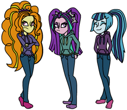 Size: 1003x872 | Tagged: safe, artist:flamefyre1235, adagio dazzle, aria blaze, sonata dusk, equestria girls, g4, 2014, clothes, denim, female, hoodie, jeans, pants, simple background, the dazzlings, transparent background, trio, trio female