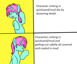 Size: 1200x1000 | Tagged: safe, artist:amateur-draw, oc, oc only, oc:belle boue, pony, unicorn, cringing, disgusted, eyes closed, horn, hotline bling, implied mud, implied quicksand, meme, meme edit, mud, ponified, ponified meme, quicksand, smiling, solo, stallion oc, unicorn oc