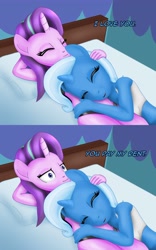 Size: 2500x4000 | Tagged: safe, artist:anonymousandrei, derpibooru exclusive, starlight glimmer, trixie, unicorn, anthro, plantigrade anthro, g4, 2 panel comic, :i, bed, bedroom, clothes, comic, cuddling, duo, duo female, eyes closed, female, horn, lesbian, mare, on bed, pet shop boys, petting, ship:startrix, shipping, song reference, underwear