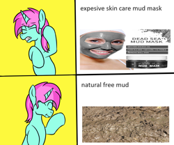 Size: 1200x1000 | Tagged: safe, artist:amateur-draw, oc, oc only, oc:belle boue, pony, unicorn, g4, cringing, eyes closed, horn, hotline bling, meme, mud, mud mask, ponified, ponified meme, smiling, solo, unicorn oc