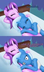 Size: 2500x4000 | Tagged: safe, alternate version, artist:anonymousandrei, derpibooru exclusive, starlight glimmer, trixie, unicorn, anthro, plantigrade anthro, g4, 2 panel comic, bed, bedroom, clothes, comic, cuddling, duo, duo female, eyes closed, female, horn, lesbian, mare, on bed, pet shop boys, petting, ship:startrix, shipping, song reference, underwear