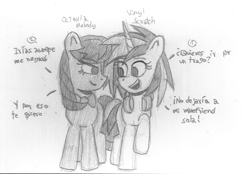 Size: 1693x1180 | Tagged: safe, artist:rosa ushiromiya, dj pon-3, octavia melody, vinyl scratch, earth pony, pony, unicorn, g4, duo, duo female, female, horn, lesbian, looking at each other, looking at someone, mare, monochrome, ship:scratchtavia, shipping, spanish, traditional art