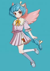 Size: 1600x2263 | Tagged: safe, artist:manbanpai40688, cozy glow, human, g4, clothes, eared humanization, humanized, kneesocks, mary janes, puffy sleeves, shirt, shoes, skirt, socks, solo, spread wings, tail, tailed humanization, winged humanization, wings