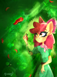 Size: 2010x2720 | Tagged: safe, artist:marihht, apple bloom, earth pony, anthro, g4, apple, clothes, crepuscular rays, dress, food, grin, neckerchief, skinny, smiling, solo, thin