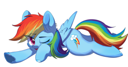 Size: 2067x1081 | Tagged: safe, artist:xqi, rainbow dash, pegasus, pony, g4, backwards cutie mark, eye clipping through hair, female, looking at you, lying down, mare, one eye closed, open mouth, prone, simple background, smiling, solo, white background