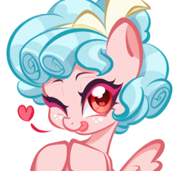 Size: 2560x2518 | Tagged: safe, artist:super阿芙瑞ya, cozy glow, pegasus, pony, g4, ;p, bust, colored eyelashes, female, filly, foal, heart, hooves together, looking at you, one eye closed, pink eyelashes, portrait, simple background, solo, spread wings, tongue out, white background, wings