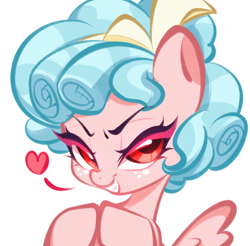 Size: 2560x2518 | Tagged: safe, alternate version, artist:super阿芙瑞ya, cozy glow, pegasus, pony, g4, bust, colored eyelashes, evil smile, female, filly, foal, heart, hooves together, looking at you, pink eyelashes, portrait, simple background, smiling, solo, spread wings, white background, wings