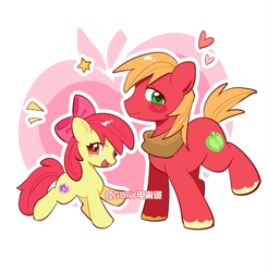 Size: 1596x1620 | Tagged: safe, artist:guiiy电离诡, apple bloom, big macintosh, earth pony, pony, g4, abstract background, adorabloom, brother and sister, cute, duo, duo male and female, female, filly, foal, heart, looking at you, male, one eye closed, open mouth, outline, siblings, smiling, stallion, stars, text, white outline, wink