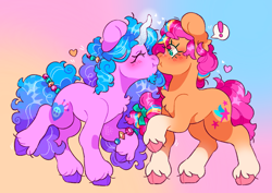 Size: 2047x1451 | Tagged: safe, artist:cocopudu, izzy moonbow, sunny starscout, earth pony, pony, unicorn, g5, alternate design, beard, blush lines, blushing, bracelet, chest fluff, cloven hooves, coat markings, colored eyebrows, colored hooves, colored horn, concave belly, curly mane, curly tail, curved horn, duo, duo female, exclamation point, eye clipping through hair, eyebrows, eyebrows visible through hair, eyelashes, facial hair, female, floating heart, glowing, glowing horn, goatee, gradient background, gradient legs, gradient mane, gradient tail, green eyes, hair accessory, hair tie, heart, hooves, horn, jewelry, kissing, lesbian, long mane, long tail, mane stripe sunny, mare, multicolored background, multicolored mane, multicolored tail, pink hooves, pink mane, pink tail, profile, purple coat, purple hooves, raised hoof, raised leg, shiny mane, shiny tail, ship:moonscout, shipping, signature, socks (coat markings), speech bubble, standing, standing on two hooves, striped mane, tail, tail accessory, tail tie, tied tail, unicorn beard, unshorn fetlocks, wall of tags, watermark, white magic, white pupils