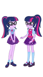 Size: 1080x1920 | Tagged: safe, artist:alandssparkle, artist:osipush, editor:greywolf2021, sci-twi, twilight sparkle, human, equestria girls, g4, my little pony equestria girls: better together, clothes, duo, female, geode of telekinesis, glasses, magical geodes, nerd, ponytail, sci-twi outfits, sci-twi skirt, shirt, shoes, simple background, skirt, smiling, socks, transparent background, twolight, vector