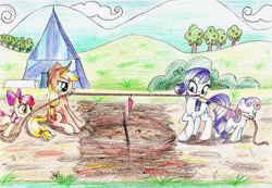 Size: 1300x898 | Tagged: safe, artist:sirzi, apple bloom, applejack, rarity, sweetie belle, g4, sisterhooves social, mud, pulling, sisters, traditional art, tug of war