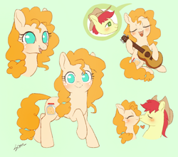 Size: 1024x904 | Tagged: safe, artist:sion, bright mac, pear butter, earth pony, pony, g4, blushing, bust, cute, dexterous hooves, duo, duo male and female, eyes closed, female, floating heart, green background, guitar, heart, kiss on the lips, kissing, looking at you, male, mare, musical instrument, no pupils, open mouth, open smile, pearabetes, ship:brightbutter, shipping, signature, simple background, smiling, smiling at you, solo focus, straight