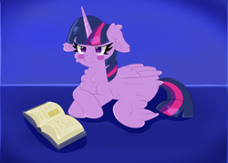 Size: 3312x2368 | Tagged: safe, artist:goldheartfemboy, twilight sparkle, alicorn, g4, blush sticker, blushing, book, cheek fluff, chest fluff, ear fluff, fanart, floppy ears, solo, twilight sparkle (alicorn)