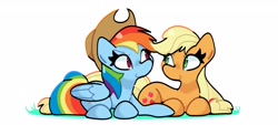 Size: 2824x1278 | Tagged: safe, artist:kindakismet, applejack, rainbow dash, earth pony, pegasus, pony, g4, accessory swap, applejack's hat, cowboy hat, cute, dashabetes, duo, duo female, female, hat, jackabetes, looking at each other, looking at someone, lying down, prone, rainbow dash wearing applejack's hat, simple background, white background