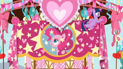 Size: 828x465 | Tagged: safe, screencap, pinkie pie, twilight sparkle, alicorn, earth pony, g4, my little pony: friendship is magic, yakity-sax, female, ponyville town hall, twilight sparkle (alicorn)