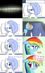 Size: 2562x4194 | Tagged: safe, artist:penguinpotential, rainbow dash, oc, oc:frigid drift, pony, ask frigid drift, g4, bed, hospital bed