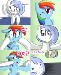 Size: 2562x3145 | Tagged: safe, artist:penguinpotential, rainbow dash, oc, oc:frigid drift, pony, ask frigid drift, g4, bed, blushing, hospital bed, one eye closed, wink