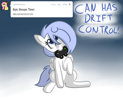 Size: 1280x1047 | Tagged: safe, artist:penguinpotential, oc, oc only, oc:frigid drift, pegasus, pony, ask frigid drift, controller, female, gradient background, joystick, mare, mouth hold, solo