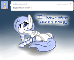 Size: 1280x1047 | Tagged: safe, artist:penguinpotential, oc, oc:frigid drift, pegasus, pony, ask frigid drift, clothes, female, gradient background, lying down, mare, prone, socks, solo, striped socks