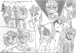 Size: 1701x1184 | Tagged: safe, artist:rosa ushiromiya, cozy glow, li'l cheese, luster dawn, princess celestia, princess flurry heart, princess luna, river song, oc, oc:dust devil (aunt tia), oc:zap apple (aunt tia), alicorn, earth pony, kirin, pegasus, pony, unicorn, fanfic:auntie tia's matchmaking service, g4, blushing, fanfic art, female, glasses, horn, inkwell, lesbian, male, mare, monochrome, older inkwell, older li'l cheese, ship:cozyheart, ship:lusterli'l, shipping, spanish, stallion, traditional art