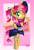 Size: 1706x2481 | Tagged: safe, artist:notadeliciouspotato, oc, oc only, oc:strawberry filling, bat pony, hybrid, pony, unicorn, abstract background, bipedal, bow, cheerleader, cheerleader outfit, chest fluff, clothes, female, food, gradient background, hair bow, hoof on hip, horn, mare, one eye closed, pie, pom pom, smiling, solo, wink