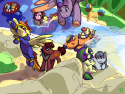 Size: 2048x1536 | Tagged: safe, artist:trottyhoof, oc, oc only, oc:coren apples, oc:crosscut, oc:danny pie, oc:flashcard spark, oc:foggy pen, oc:gliden blue, oc:gliden orange, oc:moonshine (trottyhoof), oc:munster microphone, oc:noah, oc:sunspot, dracony, earth pony, hybrid, pegasus, pony, unicorn, adopted offspring, blush sticker, blushing, clothes, colt, female, filly, foal, horn, inner tube, interspecies offspring, magical lesbian spawn, male, next generation, offspring, parent:applejack, parent:carrot top, parent:cheese sandwich, parent:flash sentry, parent:fluttershy, parent:pinkie pie, parent:rainbow dash, parent:rarity, parent:rumble, parent:silver spoon, parent:soarin', parent:spike, parent:spitfire, parent:twilight sparkle, parents:cheesepie, parents:flashlight, parents:fluttertop, parents:rumblespoon, parents:soarinjack, parents:sparity, parents:spitdash, pool toy, river, uniform, water, wonderbolts uniform