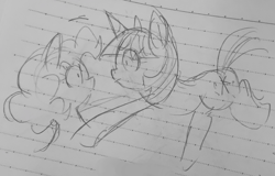 Size: 2048x1313 | Tagged: safe, artist:metaruscarlet, pinkie pie, twilight sparkle, earth pony, pony, unicorn, g4, duo, duo female, female, horn, lined paper, traditional art, unicorn twilight