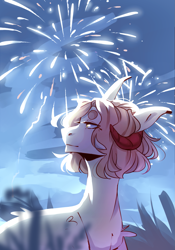 Size: 1189x1700 | Tagged: safe, artist:riressa, oc, earth pony, pony, fireworks, horns, solo