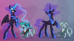 Size: 4242x2324 | Tagged: safe, artist:moonatik, nightmare moon, oc, alicorn, pony, unicorn, g4, abstract background, clothes, colored sketch, commission, concave belly, duo, female, height difference, helmet, hoof shoes, horn, magic, mare, necktie, petrification, peytral, ponytail, princess shoes, rearing, scared, sketch, slender, spread wings, suit, thin, turned to stone, unicorn oc, wings