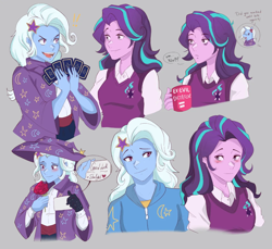 Size: 1440x1317 | Tagged: safe, artist:inkrred, starlight glimmer, trixie, human, equestria girls, g4, bags under eyes, blushing, bust, card trick, coffee mug, cross-popping veins, emanata, female, flower, gray background, heart, lesbian, magic trick, mug, note, playing card, rose, ship:startrix, shipping, simple background, smiling, sweater vest