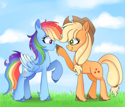 Size: 2048x1742 | Tagged: safe, artist:galaxy swirl, applejack, rainbow dash, earth pony, pegasus, pony, g4, applejack's hat, boop, cloud, cowboy hat, cute, dashabetes, duo, duo female, eye clipping through hair, eyebrows, eyebrows visible through hair, female, folded wings, freckles, grass, hat, jackabetes, lesbian, looking at each other, looking at someone, mare, raised hoof, redraw, ship:appledash, shipping, signature, sky, smiling, tied hair, unshorn fetlocks, wings